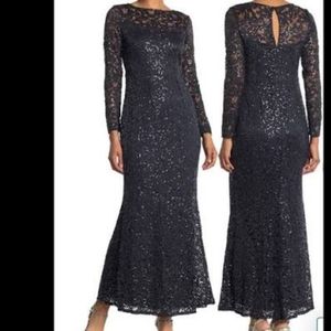 Marina gunmetal long sleeve lace gown